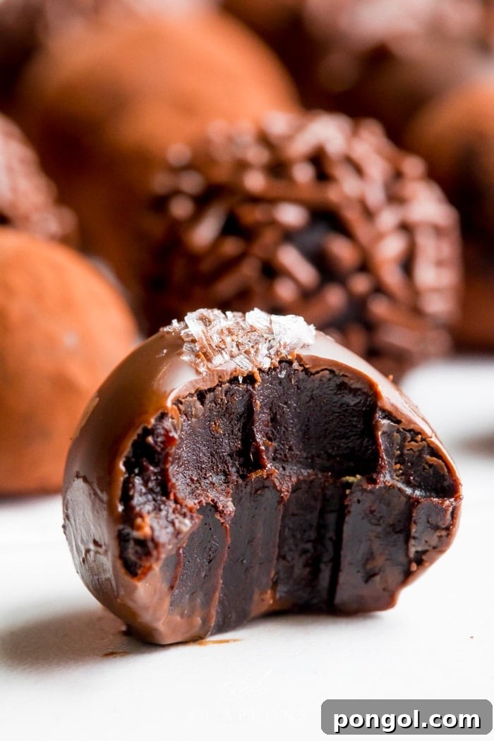 A close up of a perfectly coated vegan chocolate truffle with more in the background, showcasing its rich texture and topping.