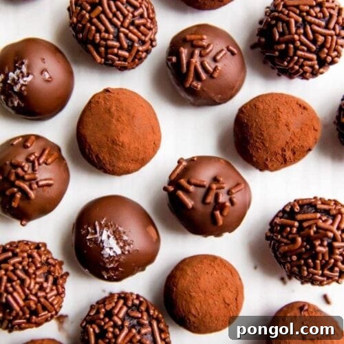 Overhead shot of several healthy vegan chocolate truffles with various coatings.