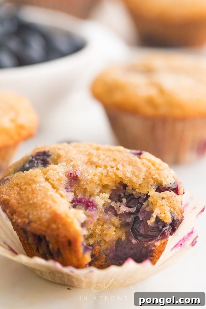 A paleo blueberry muffin with a bite taken out of it, showing blueberries and the moist crumb, in front of other muffins.