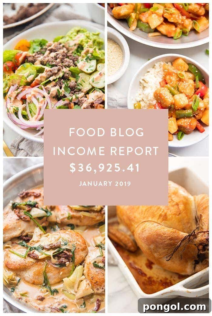 Collage of recipes from January 2019 with income overlaid on top