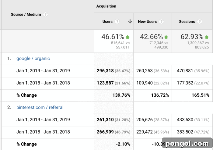 Analytics source/medium from January 2019 vs. January 2018