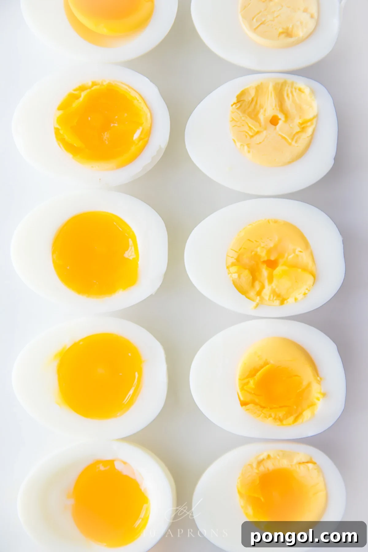 Hard and soft boiled eggs cut in half.