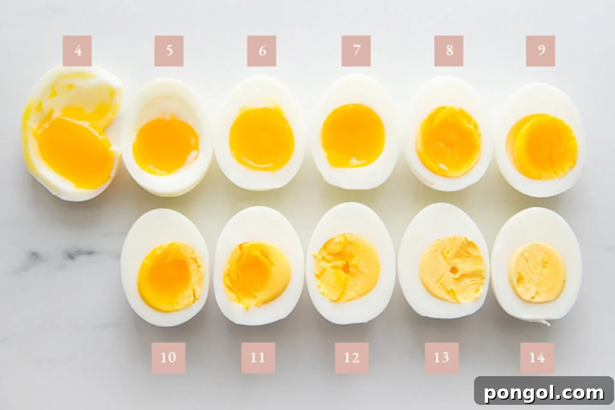 11 eggs in half showing hard and soft boiled egg times by minute.