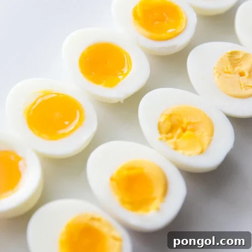 Hard and soft boiled eggs cut in half.