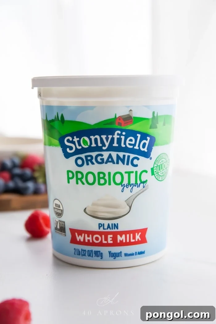A container of Stonyfield Organic Plain Whole Milk Yogurt, with a handful of fresh blueberries and raspberries in the background, ready for dipping.