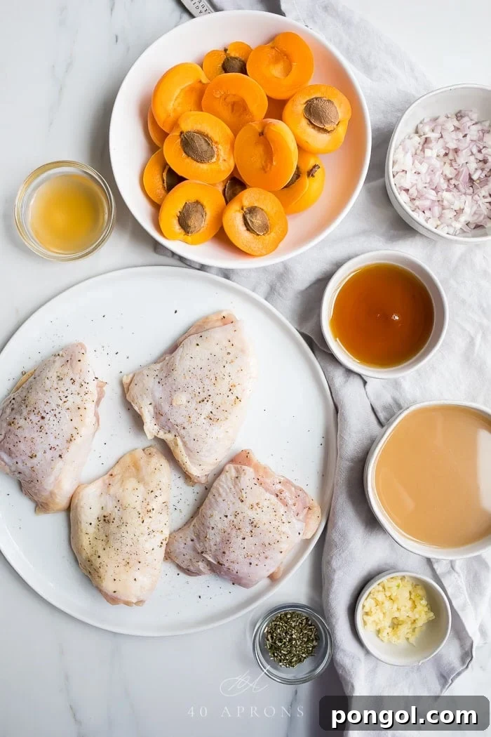 Prepped ingredients for apricot chicken, including seasoned chicken thighs, diced apricots, shallots, garlic, and rosemary in white bowls on a white plate.