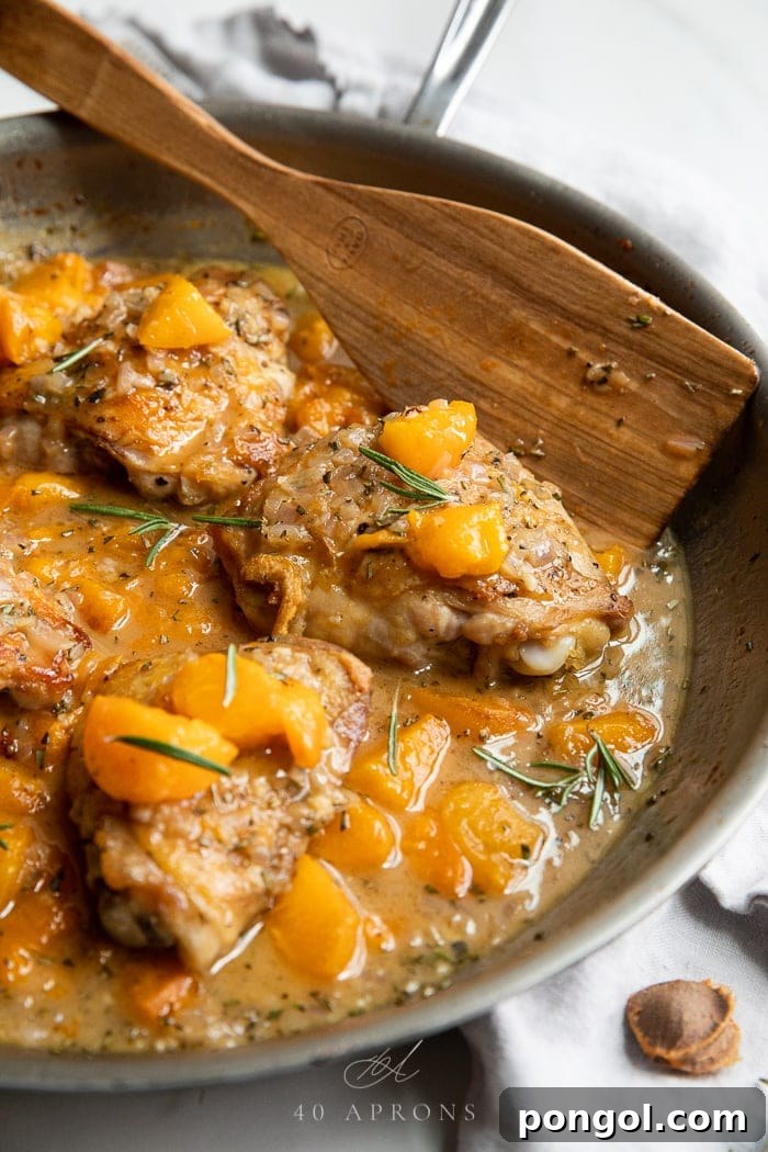 Apricot chicken in a rustic ovenproof skillet, with a wooden spoon resting in the rich pan sauce, ready to be served.