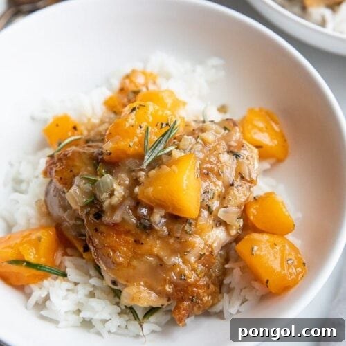 Apricot chicken served over white rice in a white bowl, garnished with fresh rosemary.