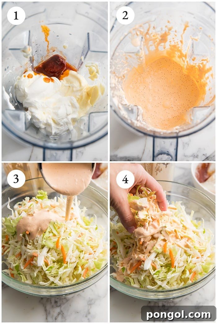 Process shots demonstrating the creation of the smoky chipotle sauce in a blender and the subsequent mixing of the sauce with coleslaw for a crunchy taco topping.