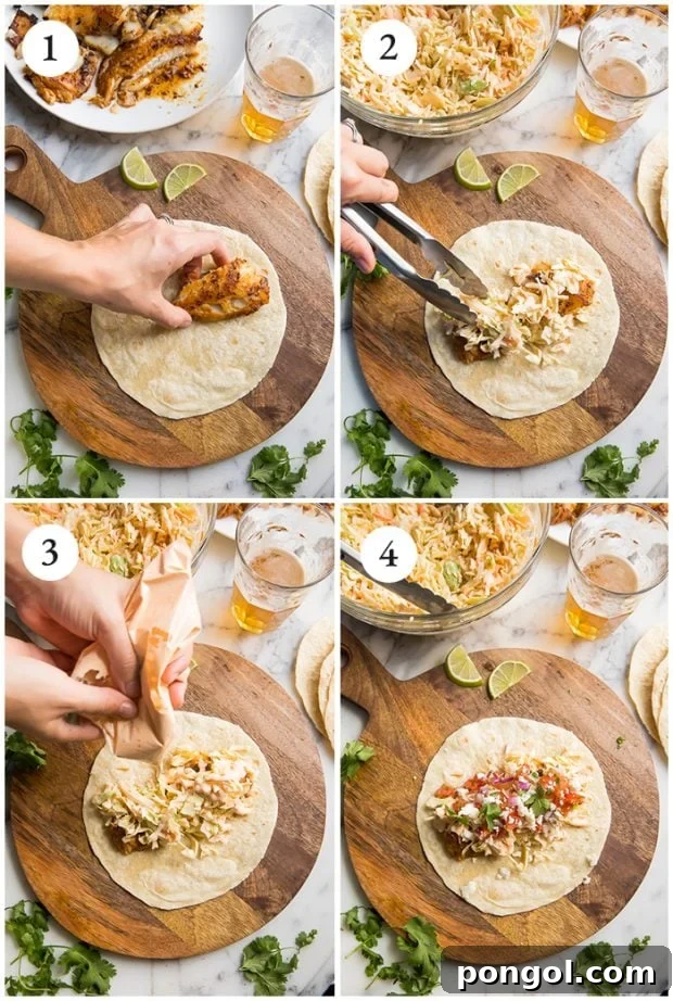 Step-by-step process shots showing the assembly of an easy fish taco, from flaking the fish to adding slaw and sauce onto a warm tortilla.