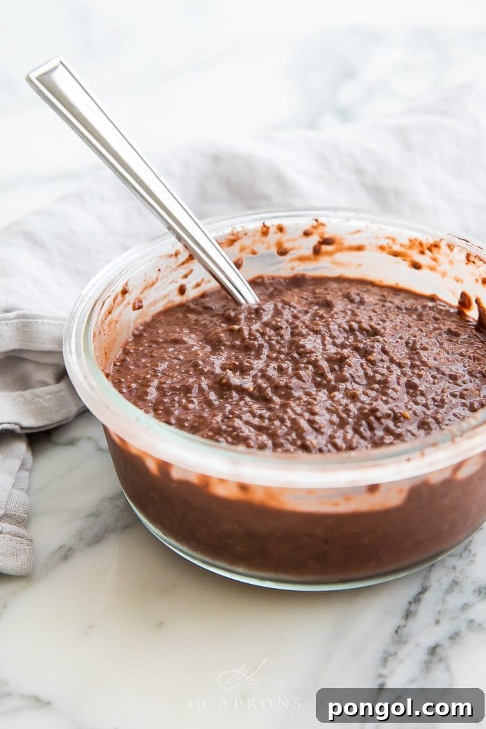 All the core ingredients for peanut butter chocolate chia pudding mixed together in a large bowl, showing the creamy texture before chilling.