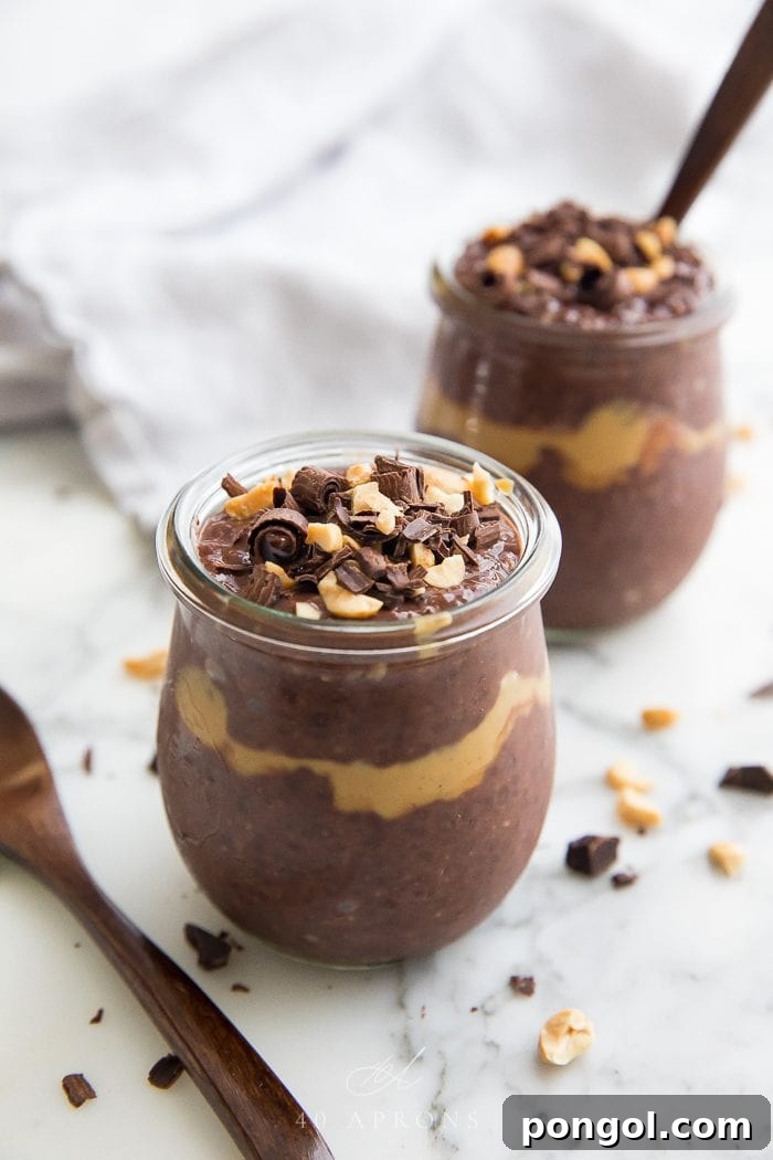 Two jars of creamy peanut butter chocolate chia pudding, topped with chocolate shavings, resting on a clean marble surface, showcasing an ideal meal prep scenario.