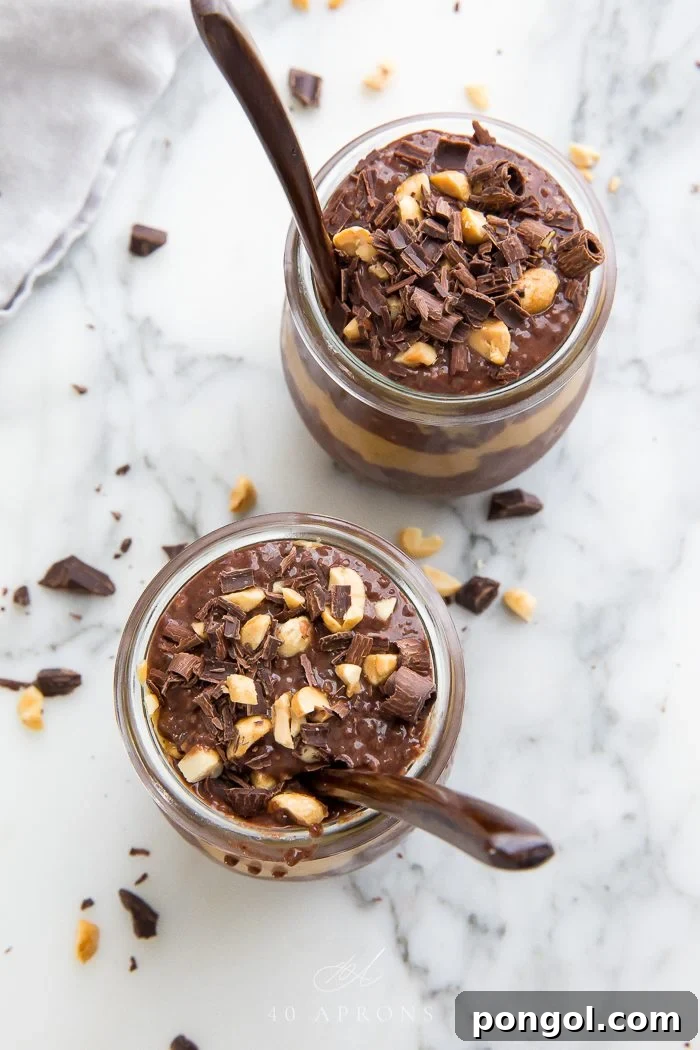 An overhead shot of two chocolate chia puddings in jars with spoons, topped beautifully with chocolate shavings and chopped peanuts.