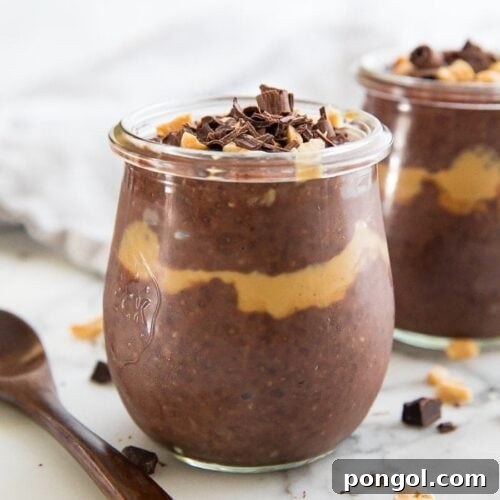 Peanut butter chocolate chia pudding in a glass jar