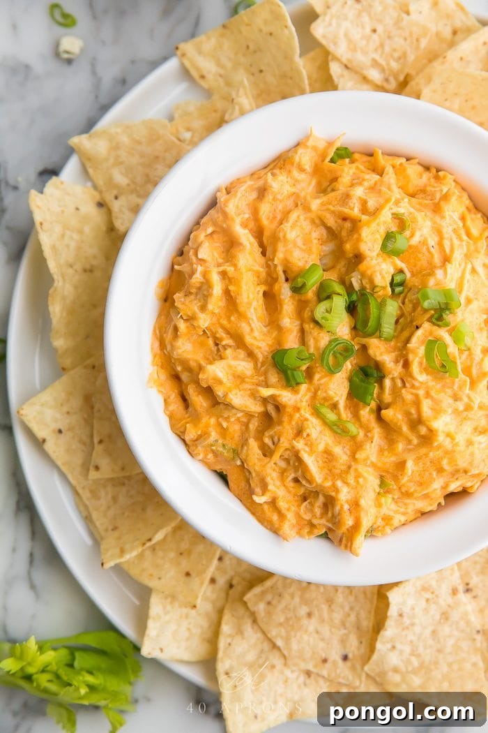 Buffalo chicken dip served on a plate with tortilla chips and celery sticks, ready to be enjoyed.