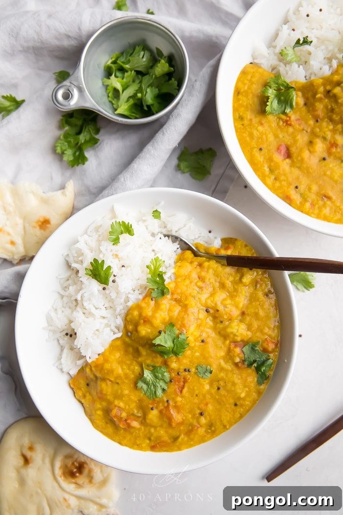 Two bowls of instant pot dal served with rice and naan, garnished with fresh cilantro