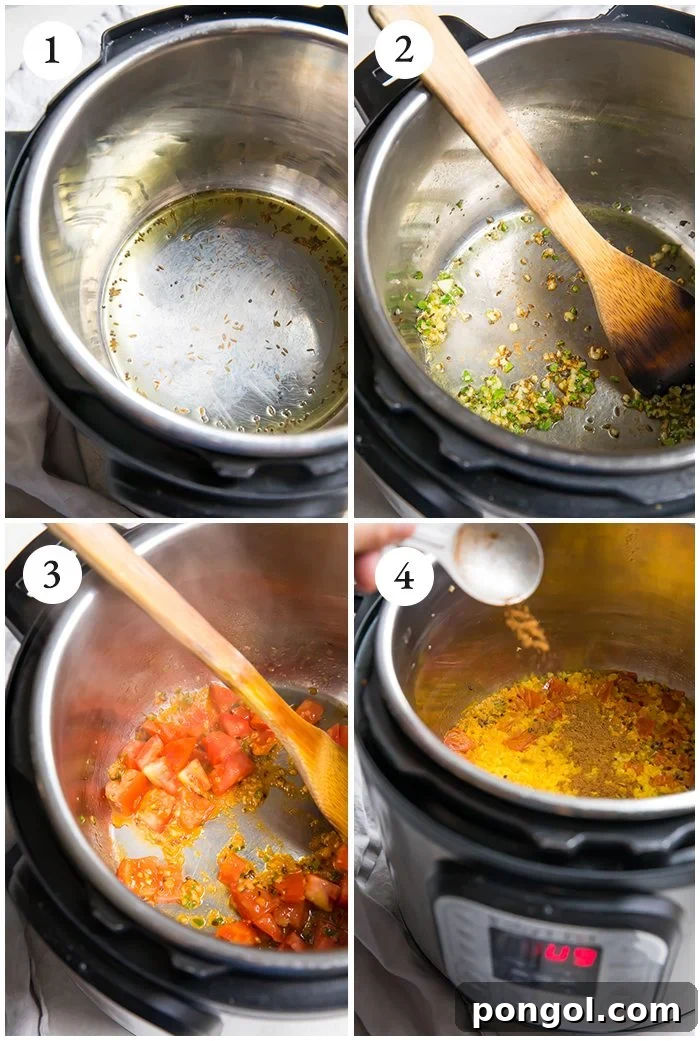 Four process shots showing the steps to prepare Instant Pot dal: adding spices, sautéing garlic and chili, cooking tomato, and adding turmeric