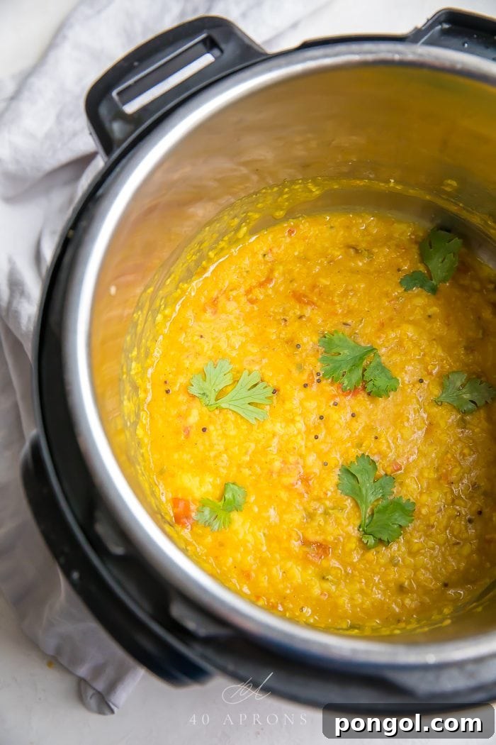 Cooked dal in an Instant Pot, garnished with fresh cilantro