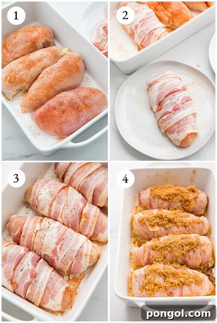 Graphic showing the step-by-step instructions for making bacon wrapped chicken with brown sugar crust.