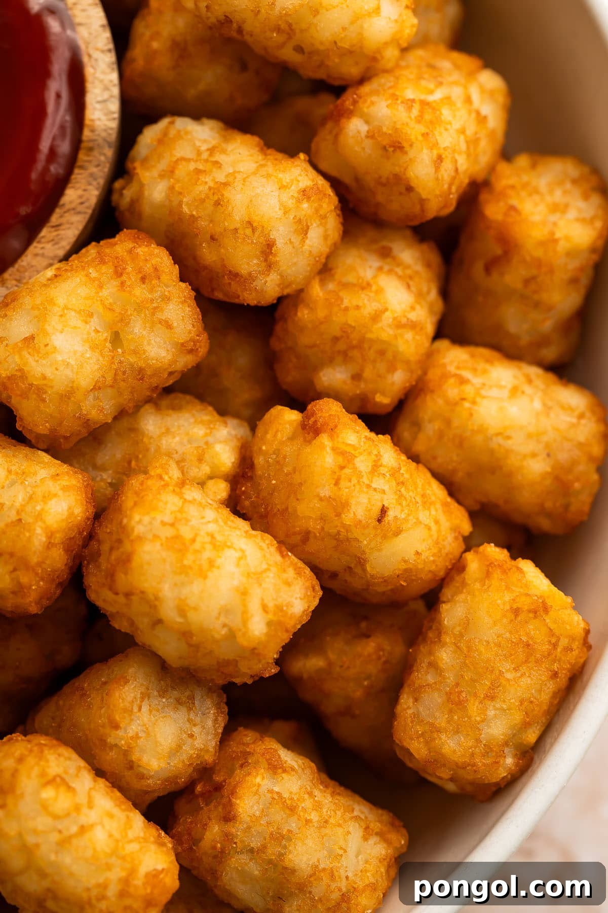 Close-up view of perfectly air-fried tater tots with a golden-brown exterior, nestled in an air fryer basket, ready to be removed.
