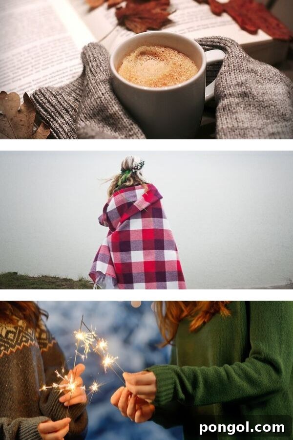 A photo collage illustrating elements of Hygge: warm drinks, cozy blankets, shared meals, and candlelight