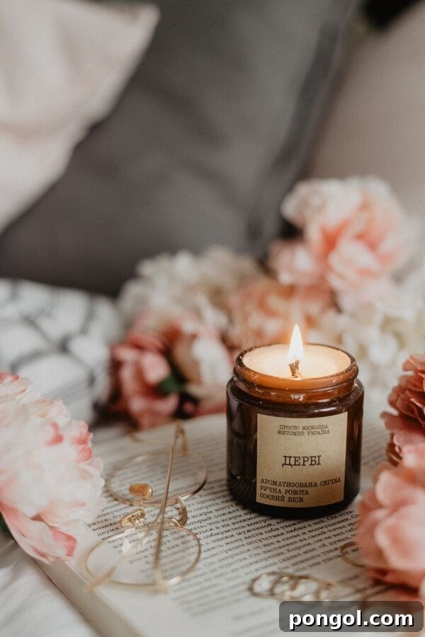 A lit scented candle placed on an open book with reading glasses and flowers in the background, creating a cozy and reflective atmosphere.
