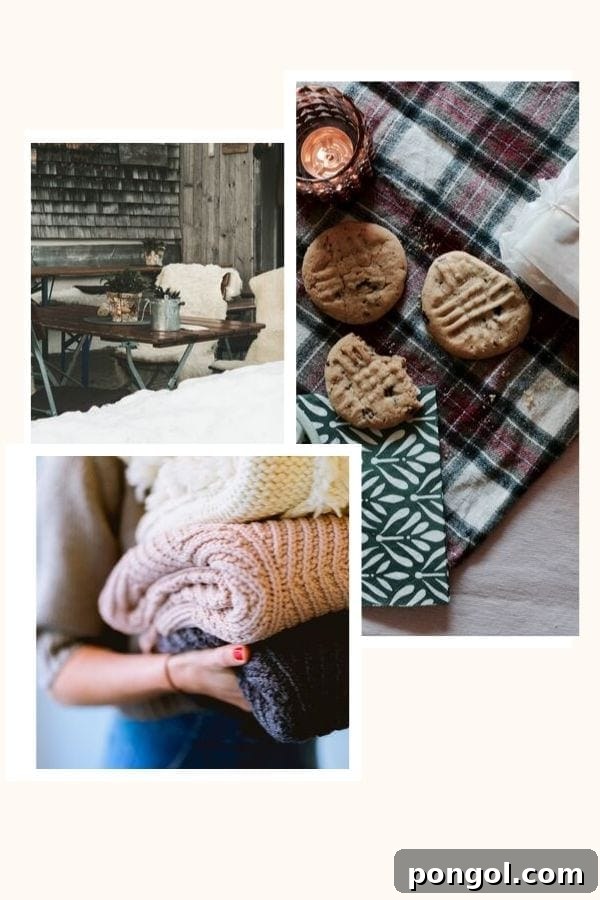 A photo collage showing various hygge examples: knitted blankets, a fur chair, homemade cookies, and warm beverages creating a cozy atmosphere.