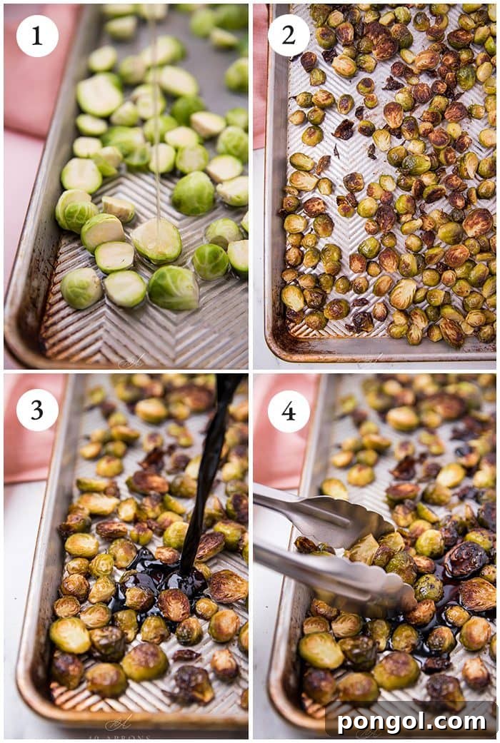 Four sequential process shots illustrating how to prepare balsamic Brussels sprouts: trimming, roasting, glazing, and final plating.
