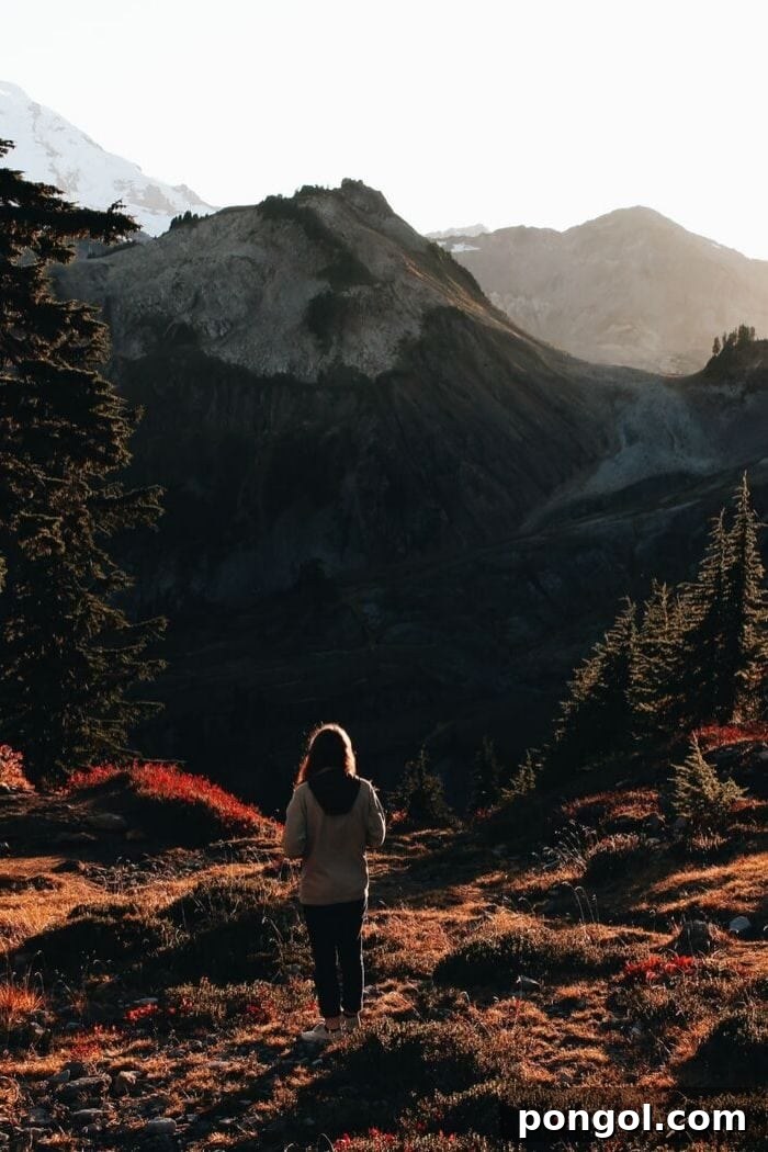 a woman hiking on a scenic trail in an autumnal landscape, surrounded by colorful trees and nature