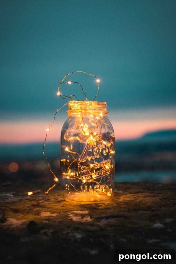 fairy lights glowing softly inside a large mason jar, with a beautiful sunset in the background, creating a magical and warm ambiance