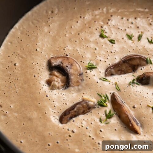 Overhead view of rich, thick, grayish-brown cream of mushroom soup in a large round black pot.