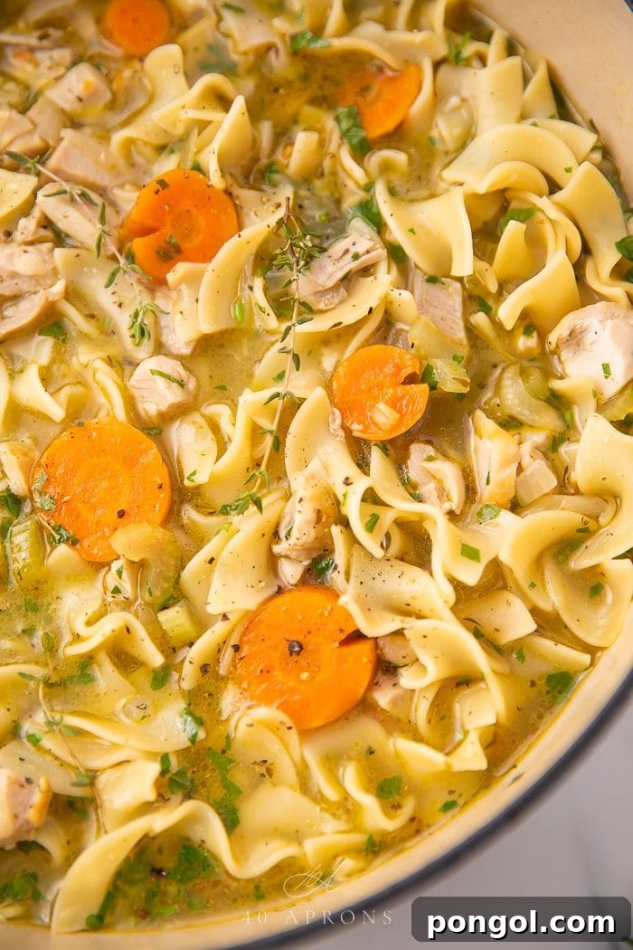 Close-up of hearty leftover turkey noodle soup with tender chunks of turkey, bright sliced carrots, celery, and comforting egg noodles, simmering in a classic Dutch oven.