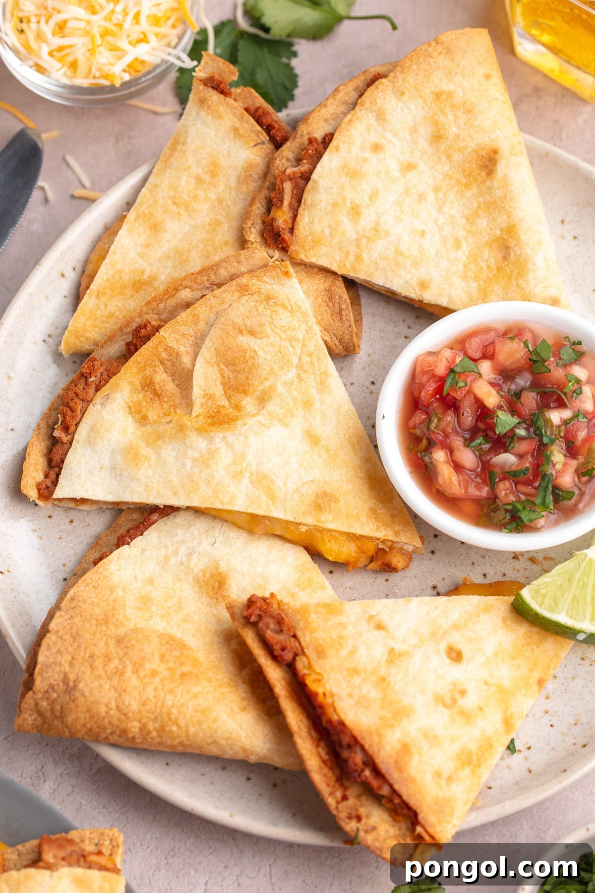 Crispy triangular slices of air fryer quesadillas arranged neatly on a plate, served alongside a small ramekin of fresh salsa, emphasizing their appealing texture and snackable format.