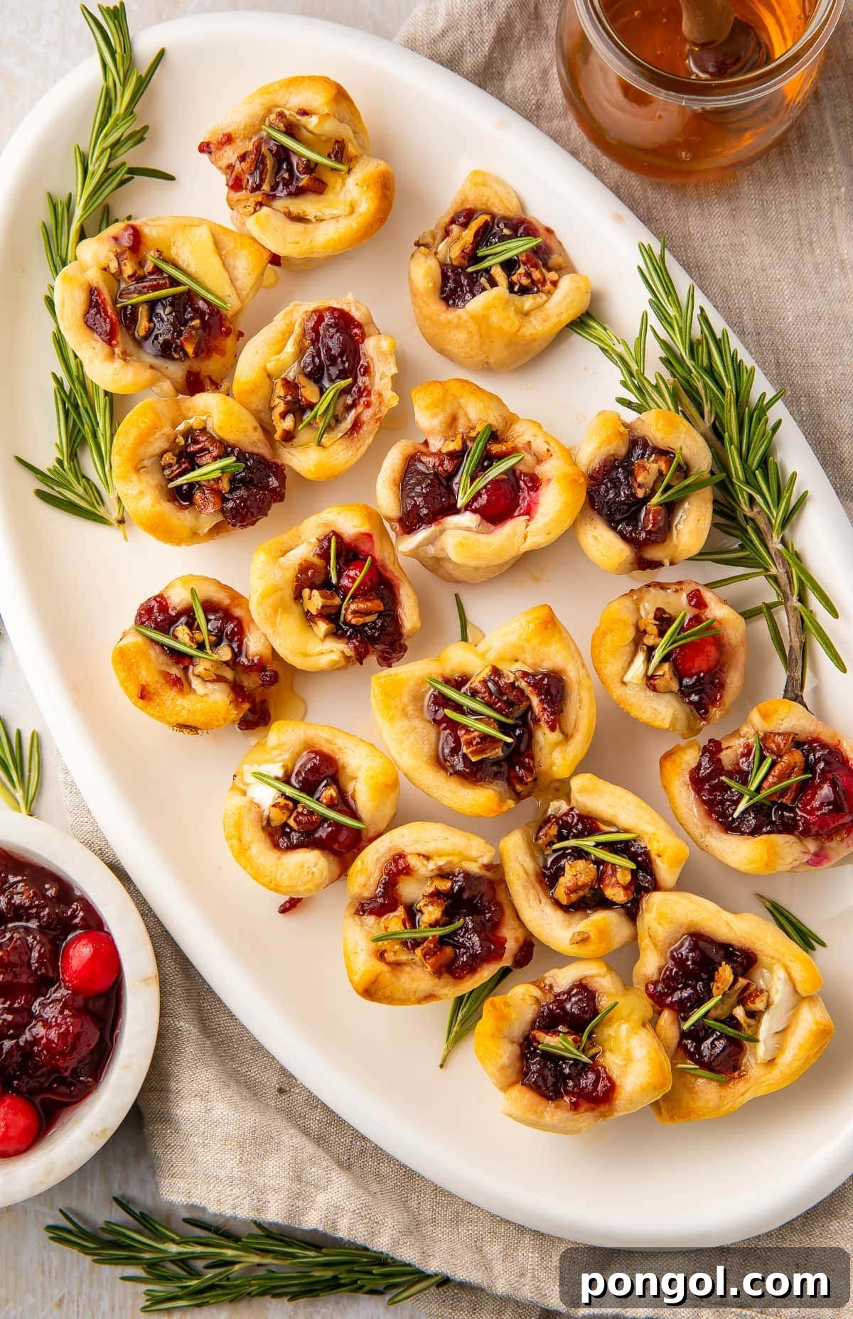 An inviting overhead view of a platter showcasing an array of Best Ever Cranberry Brie Bites, perfectly golden and ready to be savored as a festive appetizer.