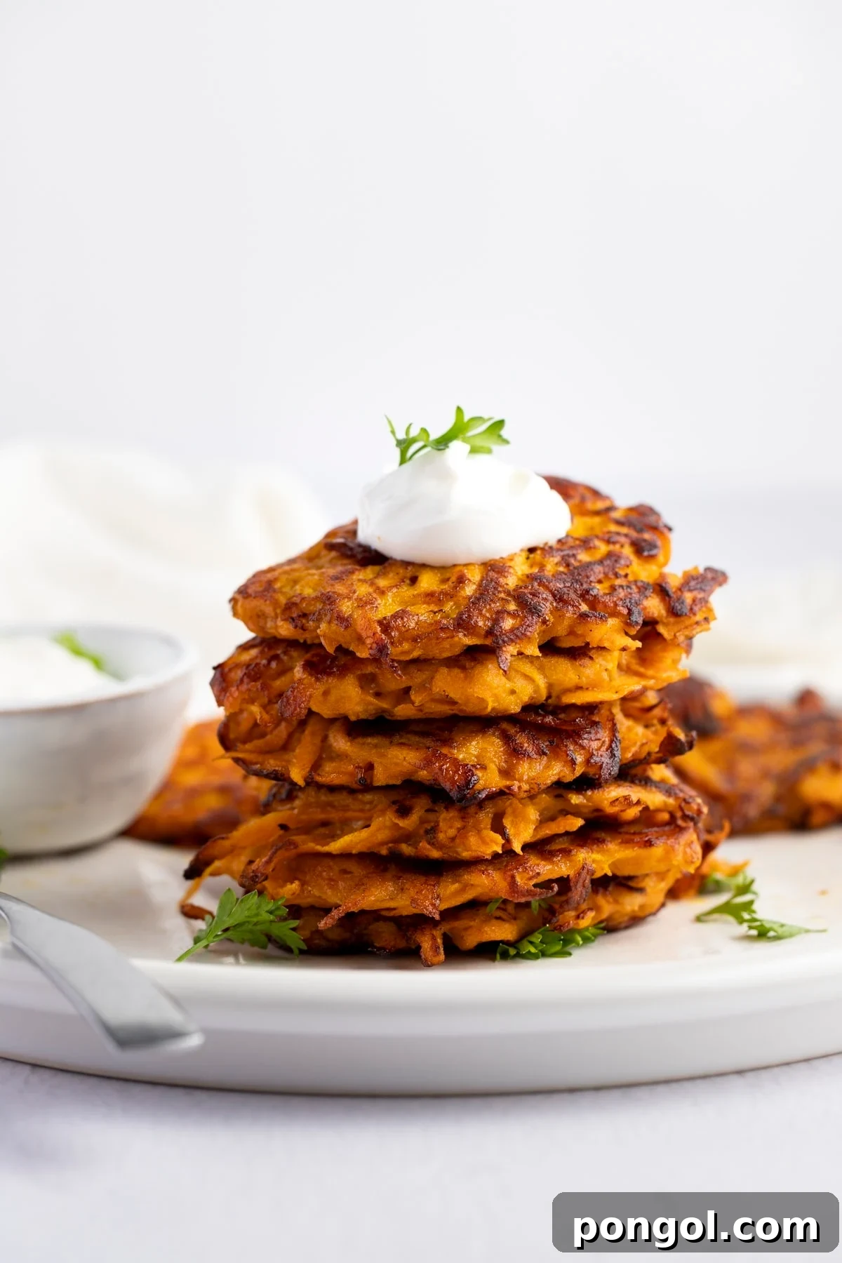 A perfectly stacked tower of golden-brown sweet potato hash browns, emphasizing their crispy texture and inviting appearance, ready to be served.