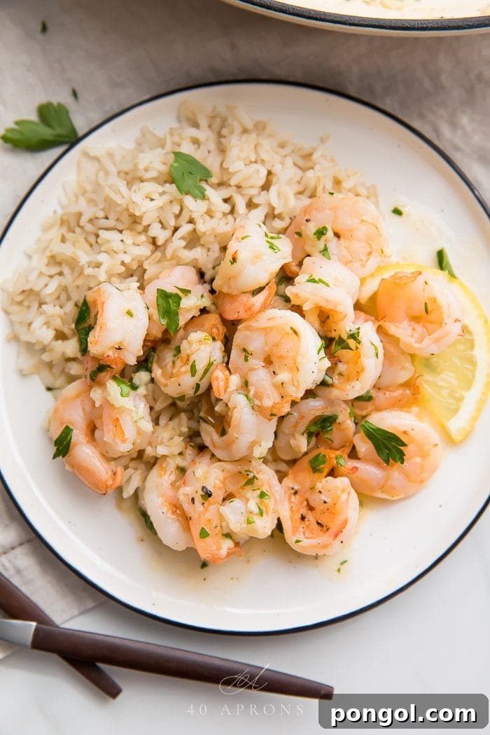 A beautifully arranged plate featuring succulent lemon garlic shrimp served over a bed of fluffy white rice, offering a light, healthy, and delicious dinner option.