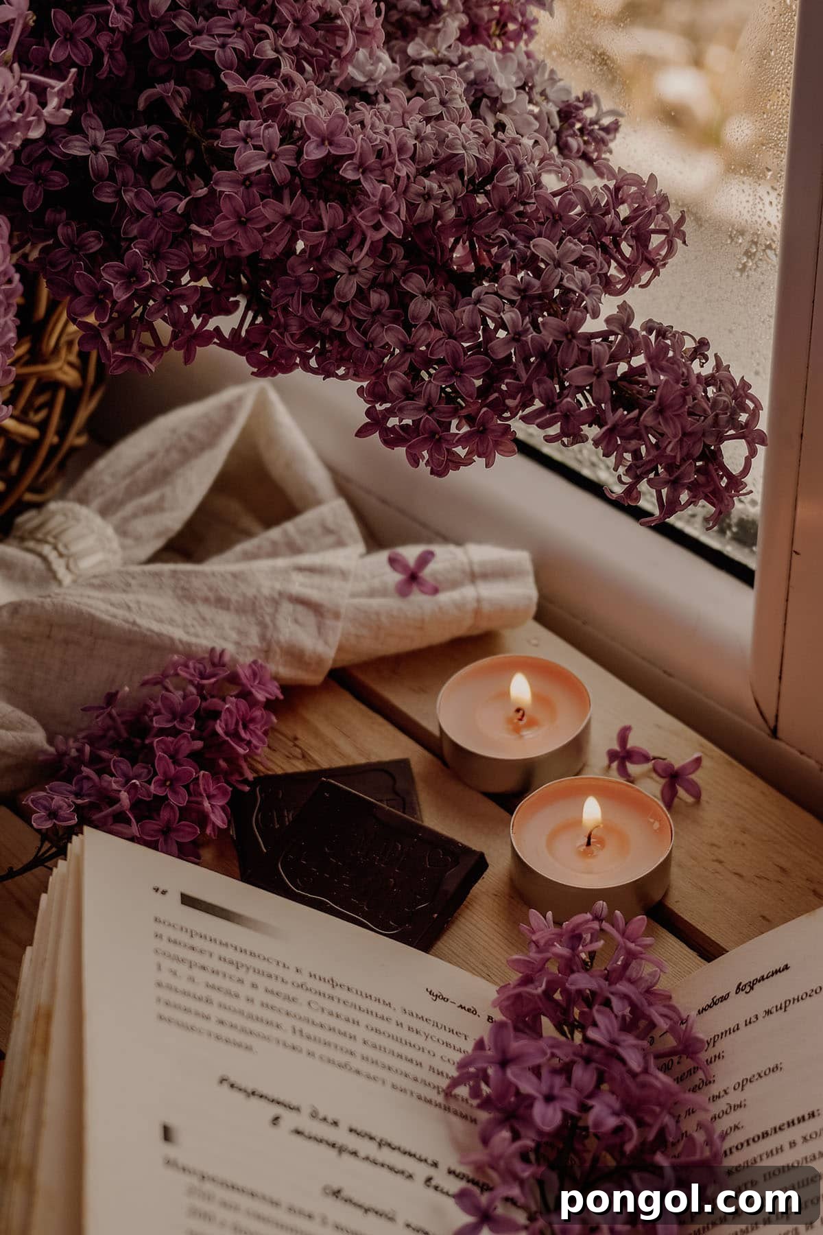 Image of lavendar flowers, two lit candles, and an open book next to a window on a peaceful morning.