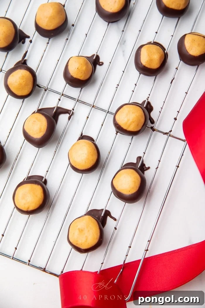 Keto Buckeyes 5 Freshly dipped Keto Buckeyes cooling on a wire rack, showing their perfect chocolate coating and peanut butter center.
