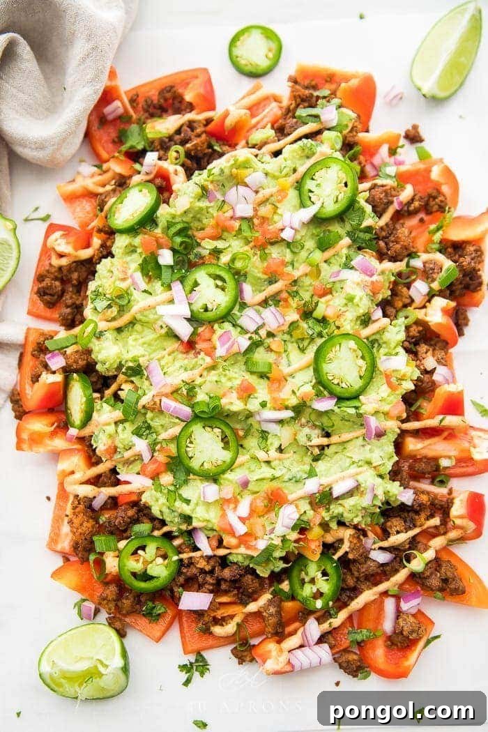 Top shot of bell pepper nachos ready to eat, vibrant and delicious with a sprinkle of cilantro