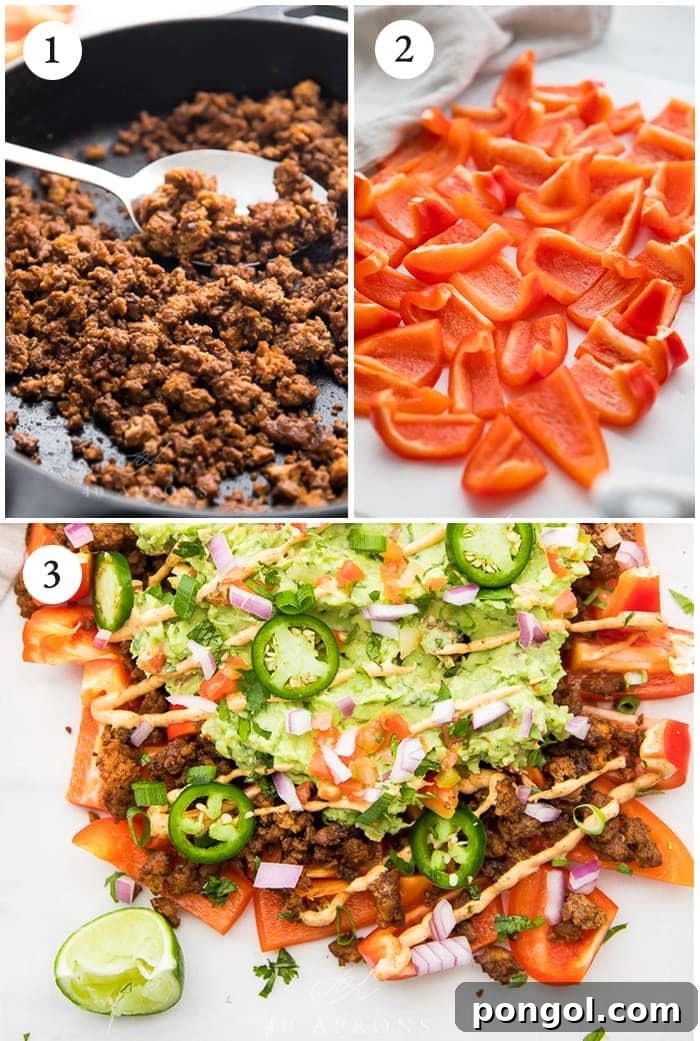 Three process shots showing step-by-step how to prepare bell peppers, cook meat, and assemble nachos
