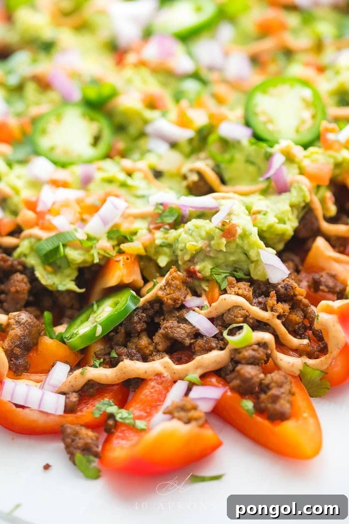 Close up of bell pepper nachos, showing the vibrant colors, fresh ingredients, and rich textures