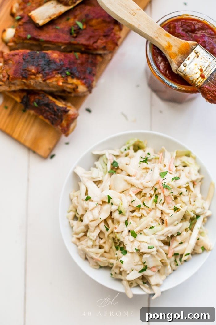 Overhead shot of coleslaw served with ribs