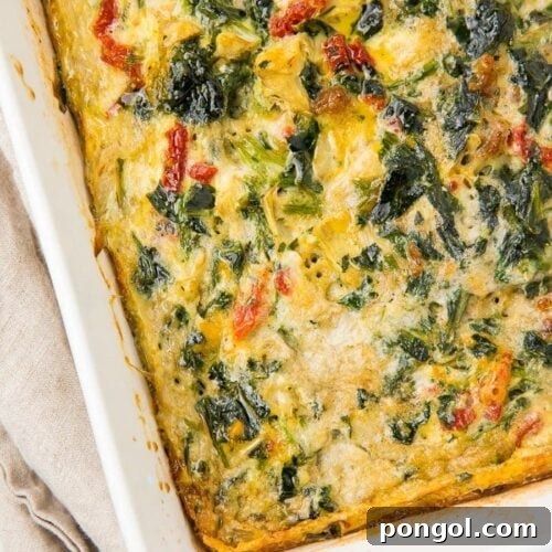 Baked Italian breakfast casserole in a white oven dish
