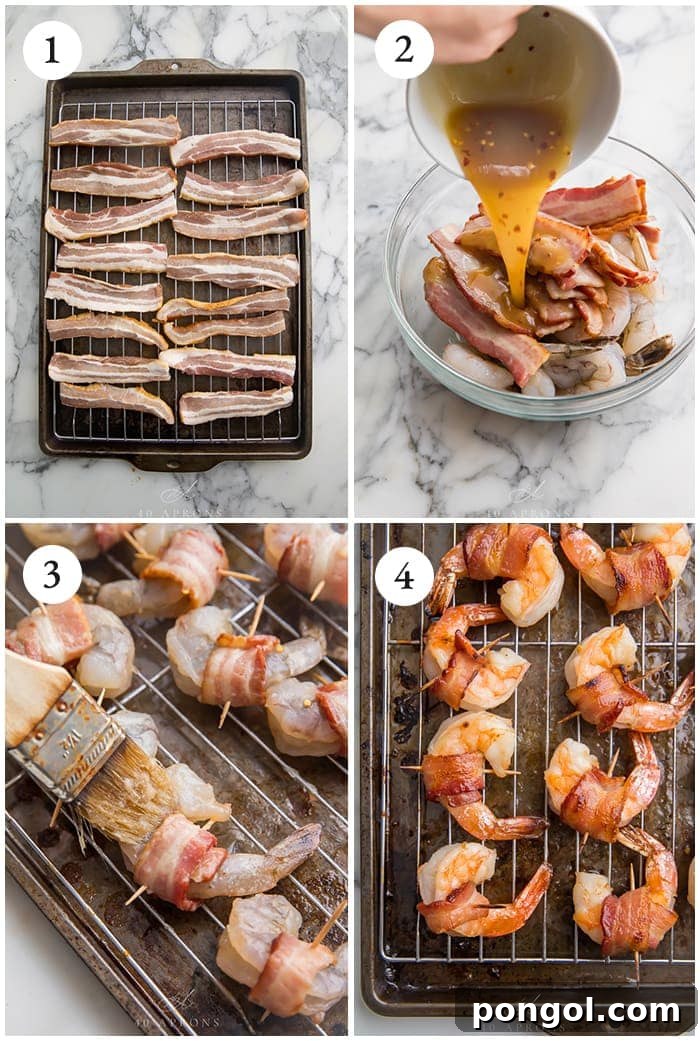 Crispy Bacon Shrimp Bites 3 Four process shots showing how to prepare bacon-wrapped shrimp step-by-step