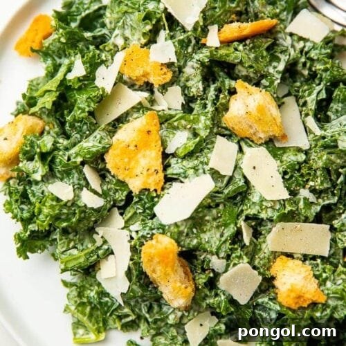 Kale Caesar Salad on a plate, featuring tender kale, crispy croutons, and generous shavings of parmesan cheese.