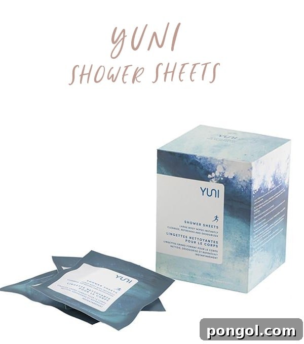 Yuni Shower Sheets, individually wrapped clean beauty wipes for on-the-go post-workout refreshment.