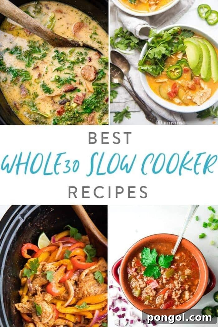 A vibrant collage of various Whole30 slow cooker dishes, including soups, chicken, and chili, beautifully presented in bowls and on plates. This image represents the diversity and deliciousness of easy, healthy slow cooker meals.