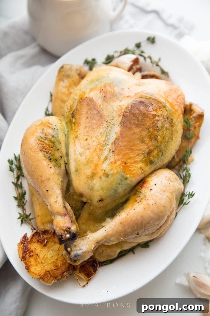 A beautifully roasted whole chicken, cooked in a slow cooker, presented on a plate with fresh herbs and garlic, showcasing the visibly moist skin infused with herb garlic butter.
