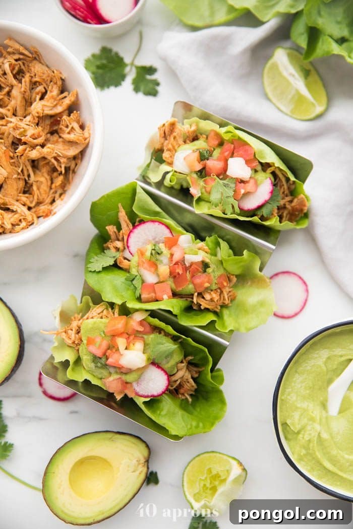An overhead shot showcasing three vibrant Paleo chicken tacos nestled in a taco holder, served in crisp lettuce wraps and generously topped with creamy avocado crema, fresh pico de gallo, and thinly sliced radishes.