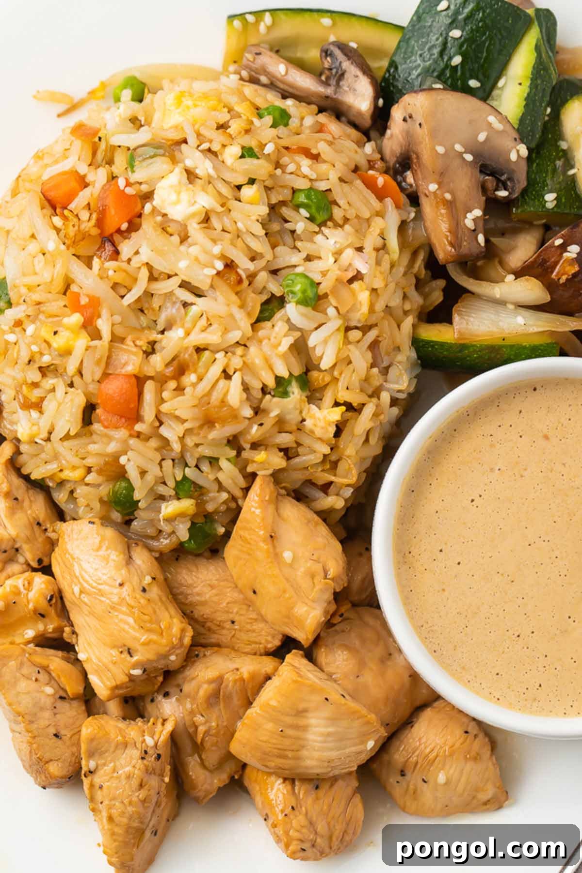 Sizzling Hibachi Chicken Dinner 3 Close-up on a plate of hibachi chicken and fried rice with hibachi veggies and creamy mustard dipping sauce, highlighting the delicious texture and presentation.